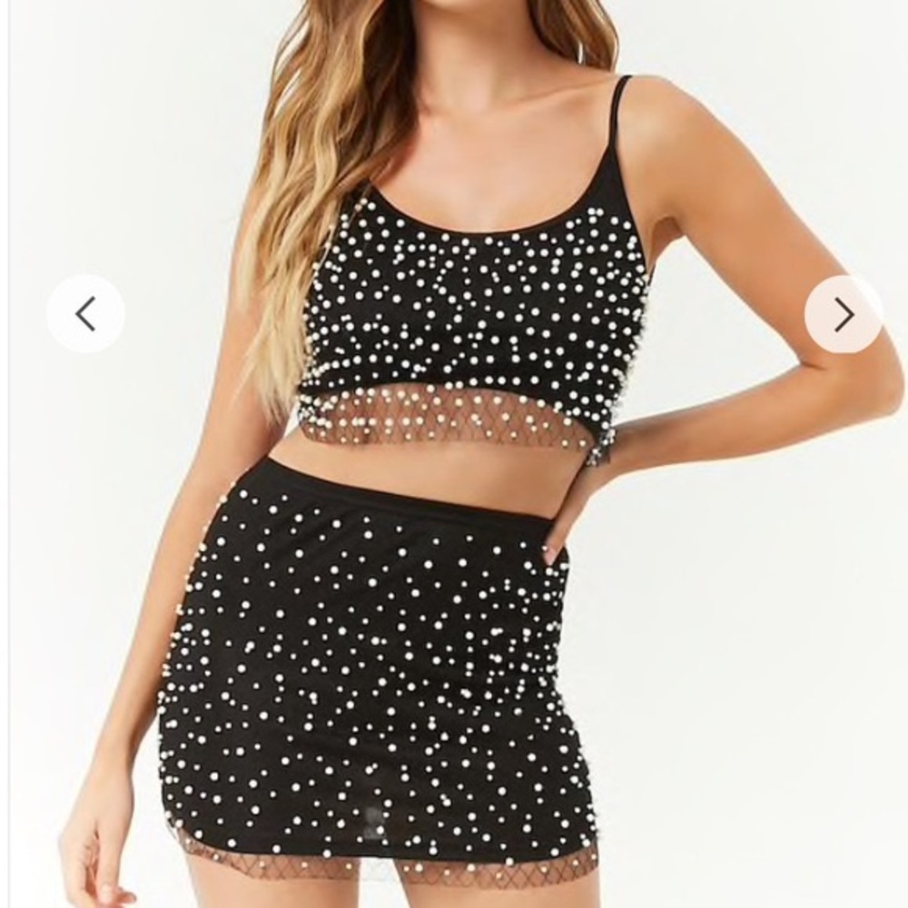 Black mini skirt cropped top set mesh pearls Large